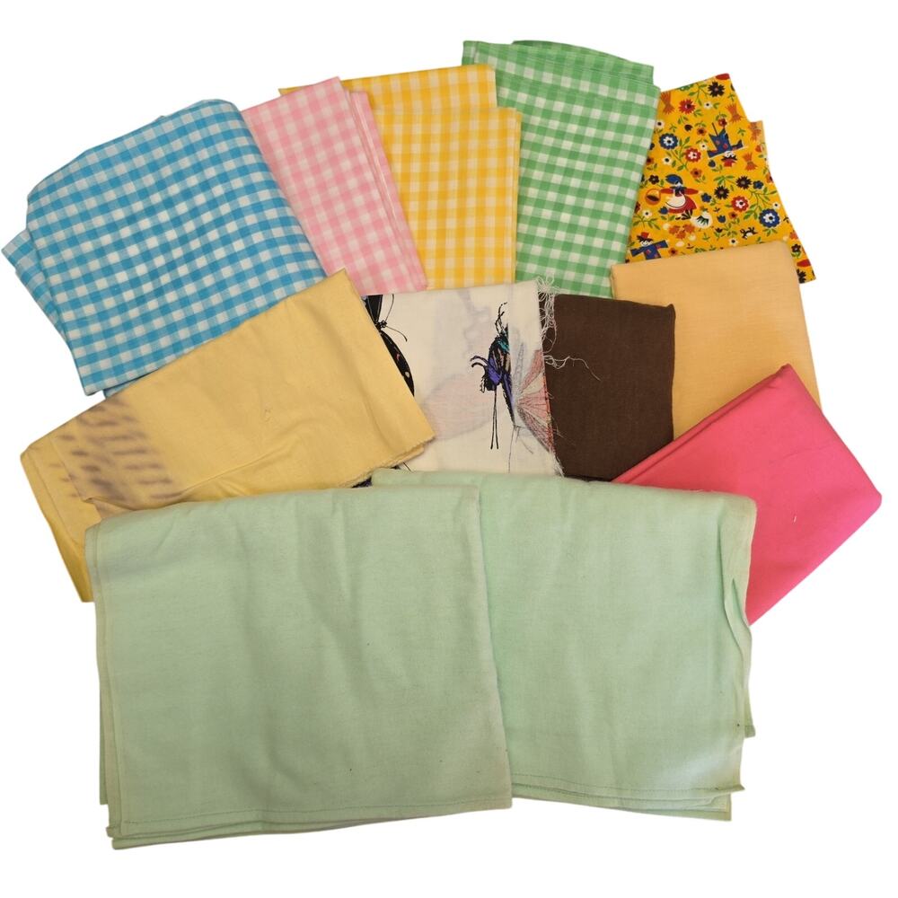 Vintage Fabric Quilt Lot Gingham Check Floral Solids Craft Destash Scrap 1/4 Yd
